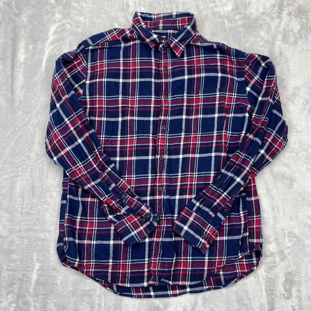 Uniqlo Flannel Shirt Button Up Mens‎ XL Navy Red White Plaid Casual Long Sleeve